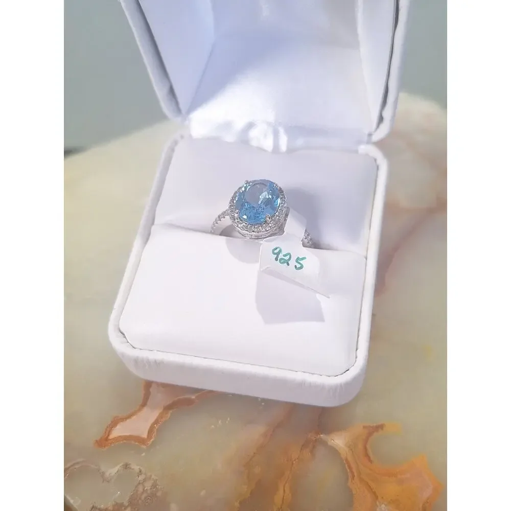 925 Sterling Silver Blue 2.60ct Topaz Halo Ring Oval Light Blue Size 6.5 NIB